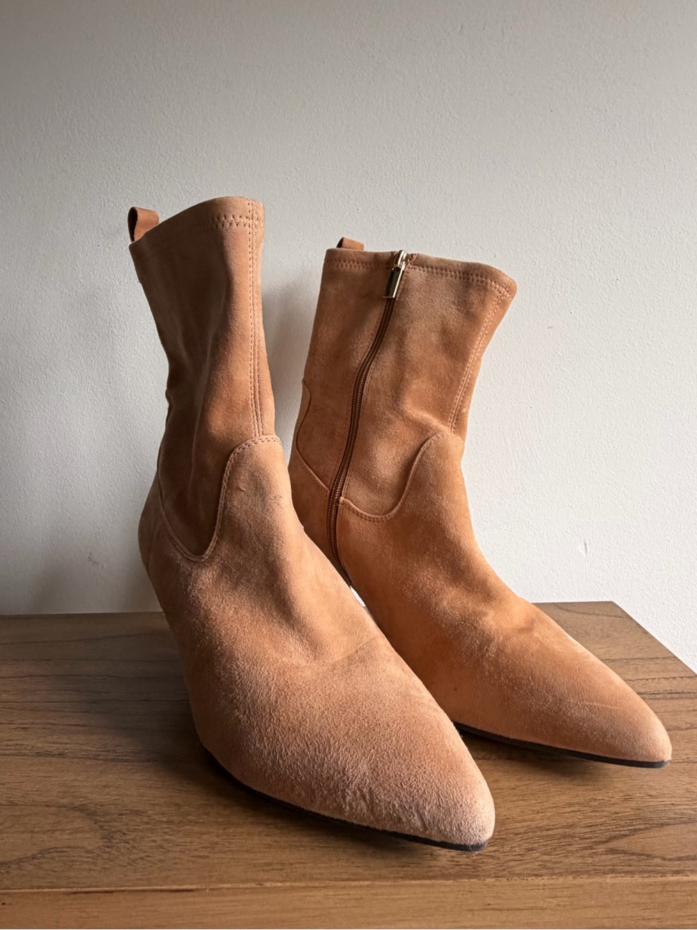 Tahari Tan Suede Pointed-Toe Mid-Calf Boots